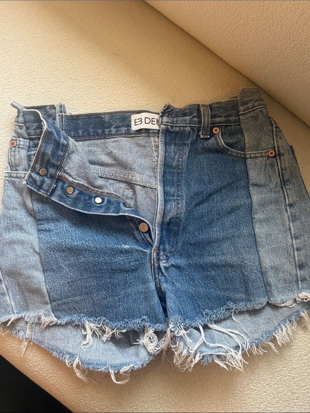 EB Denim Women's Two-Tone Distressed Denim Shorts - Blue